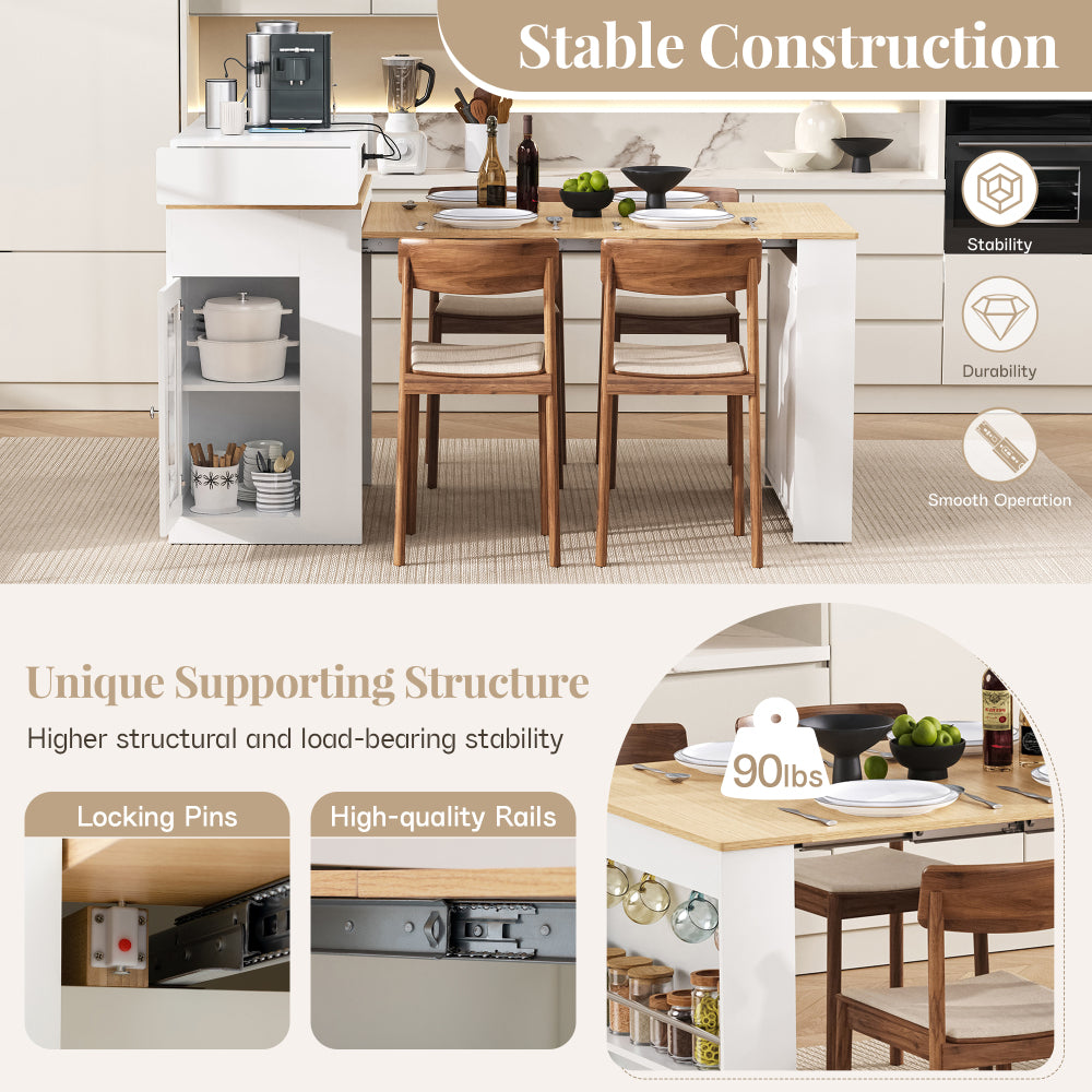 [VIDEO] TREXM Extendable Dining Table with Folding Tabletop, Bar Table with Drawers and Power Outlet, Kitchen Island with Wheels and Hooks, Sideboard for Kitchen and Dining Room (Creamy White+Natural)