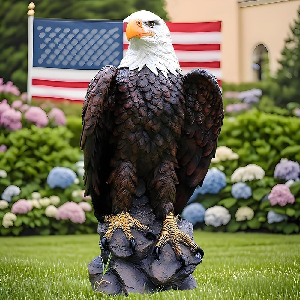 13" H x 24.4" L Large Standing Bald Eagle Garden Statue, Hand-Painted American Eagle Sculpture, Indoor & Outdoor Lawn Courtyard Decor, Patriotic Themed Ornament
