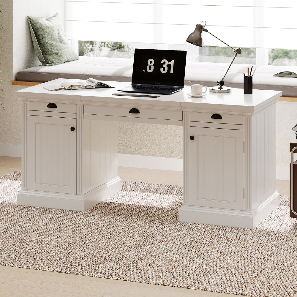 67" Modern Executive Desk,Computer Desk with 2 Glass Doors Storage Cabinet and 3 Drawers, Rectangle Home Office Desk  ,Reading Desk,Writing Table,Workstation for Home Office,Living Room,Study,White