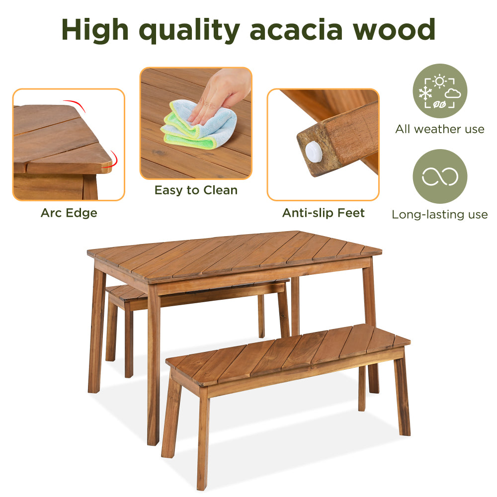 GO 3 Pieces Acacia Wood Table Bench Dining Set For Outdoor & Indoor Furniture With 2 Benches, Picnic Beer Table for Patio, Porch, Garden, Poolside, Natural