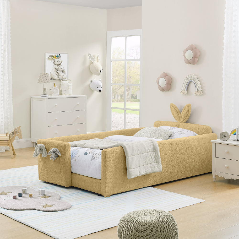 Twin Size Upholstered Platform Bed with Cute Rabbit Ear Shaped Headboard, with Safety Rail and Pocket, Boucle Fabric