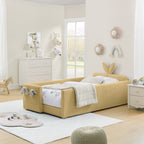 Twin Size Upholstered Platform Bed with Cute Rabbit Ear Shaped Headboard, with Safety Rail and Pocket, Boucle Fabric