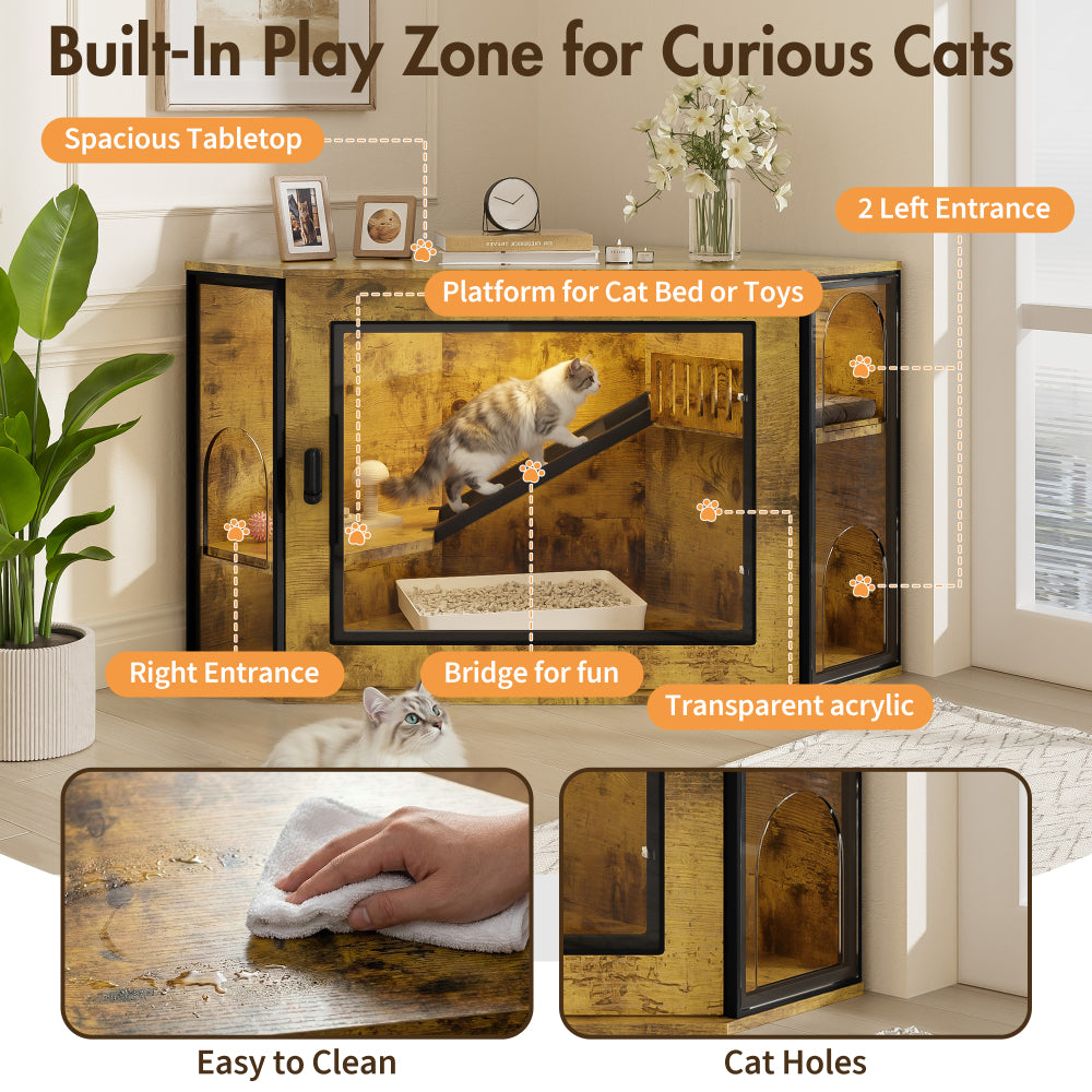 48" Corner Cat Litter Box Enclosure, Modern Hidden Litter Box Corner Cabinet with Acrylic Door and LED Light, Cat House with Playground and Stairs, Tiger